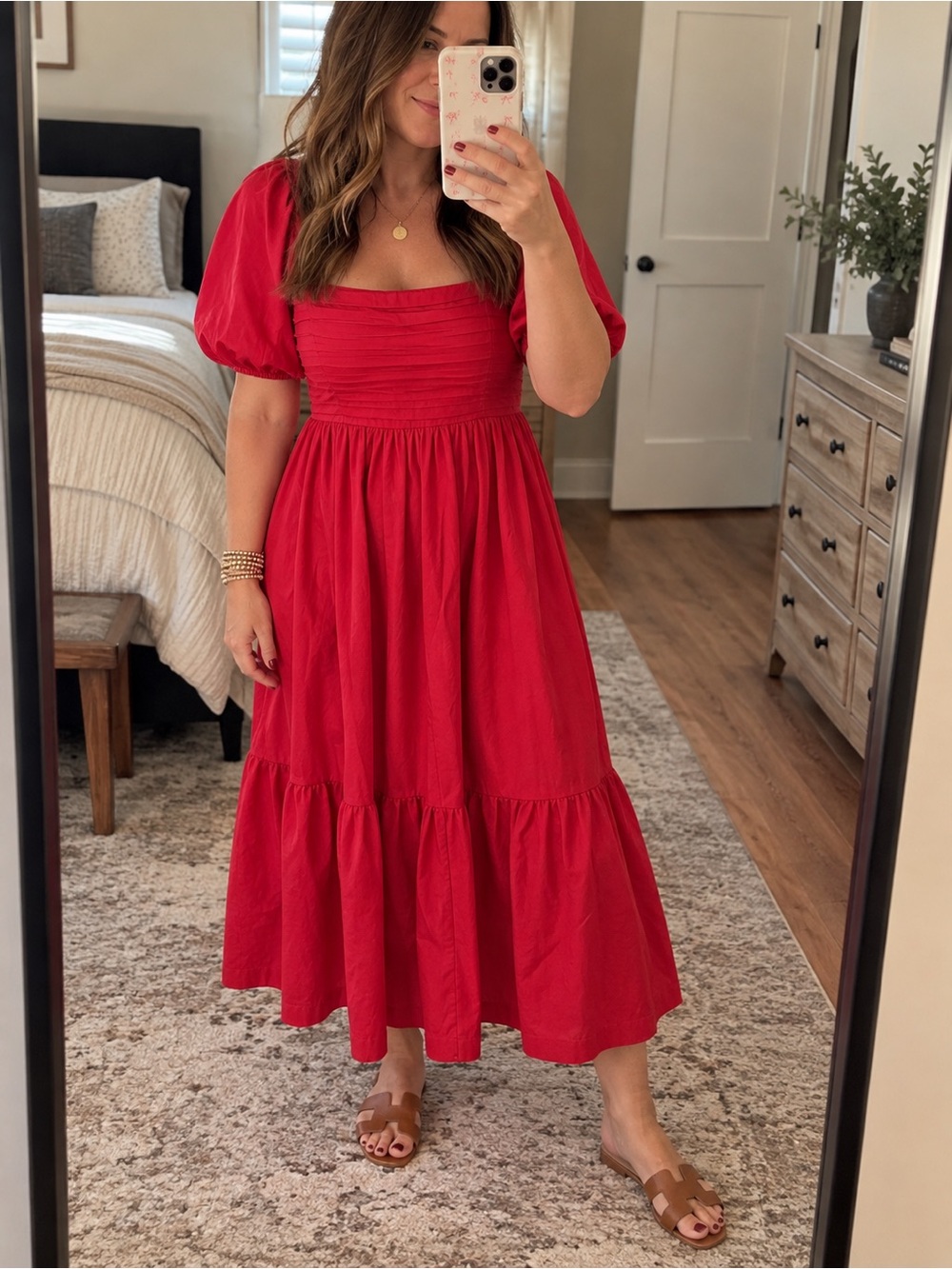 Abercrombie and Fitch Red Puff Sleeve Flowy Midi Dress Size L